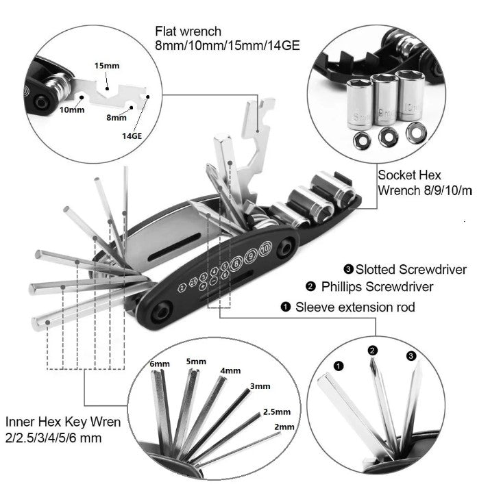 16-in-1 Bicycle Repair Tool Kit – Folding Multitool with Tire Levers, Hex Keys & Spoke Wrench for On-the-Go Bike Repairs