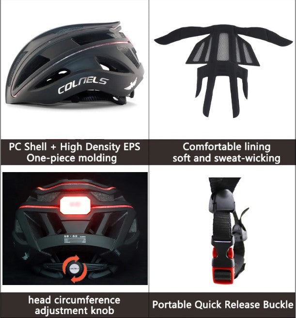COLNELS Professional Cycling Helmet with USB Rechargeable Tail Light – Light Bar, Road & Sports Bike Helmet for Outdoor Riding & Racing Black (L 58-62cm)