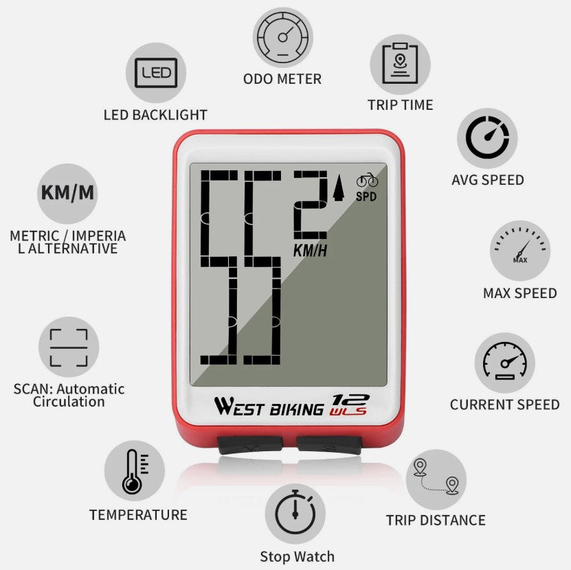 WEST BIKING Large Screen Bike Computer – Digital LCD Speedometer, Waterproof Odometer, Wired & Wireless Options - Red