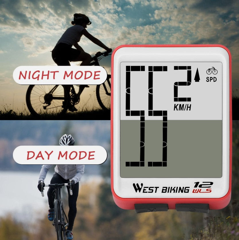 WEST BIKING Large Screen Bike Computer – Digital LCD Speedometer, Waterproof Odometer, Wired & Wireless Options - Red