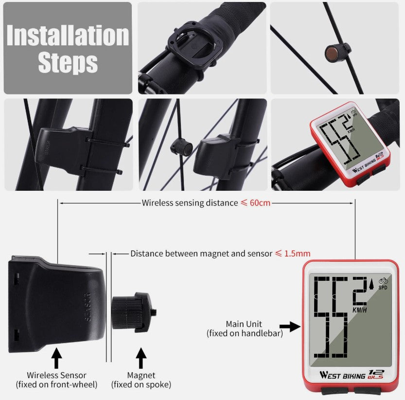 WEST BIKING Large Screen Bike Computer – Digital LCD Speedometer, Waterproof Odometer, Wired & Wireless Options - Red