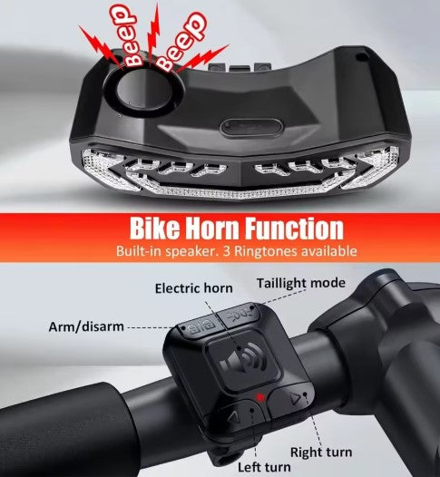 Wireless Bicycle Tail Light with Alarm, Turn Signals & Brake Sensor – USB Rechargeable, IP65 Waterproof, with Mounting Bracket
